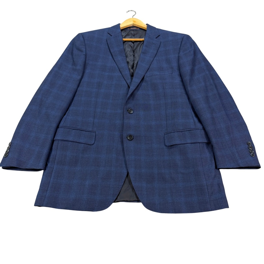 Peter Millar Mens 44T 44L Long Blue Plaid Wool 2-Button Blazer Sport Coat Casual
